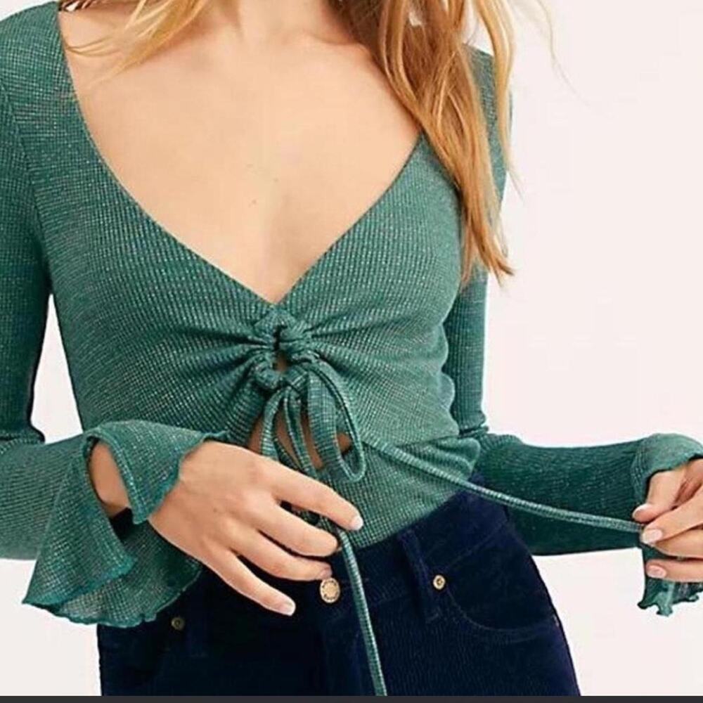 Free People green long sleeve top with tie detail size small